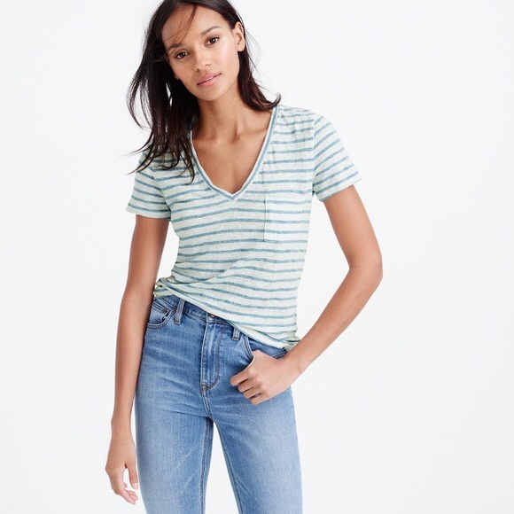 J. Crew Linen V-neck pocket T-shirt in stripe - Picture 9 of 9